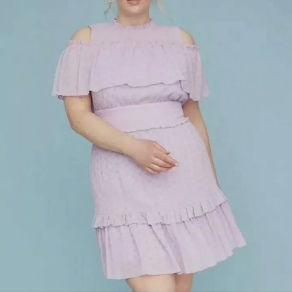 Lane Bryant lavender purple eyelet ruffle cold shoulder fit and flare